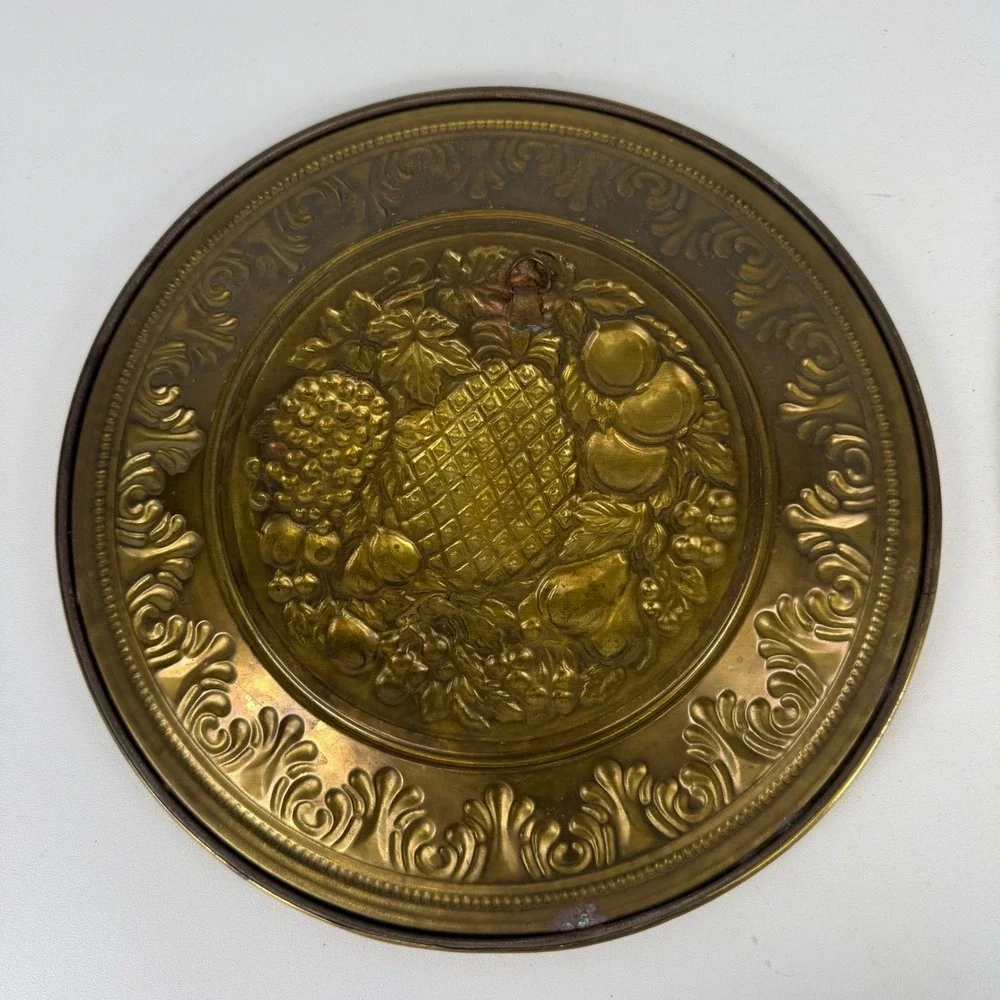 Vintage Brass Fruit Wall Hanging Plates Set of 2 Pineapple Grapes Pears 12 Inch